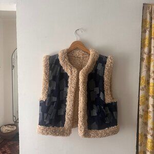 Amente Patchwork Denim sherpa-lined vest
